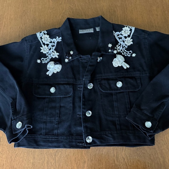 Vintage Bedazzled Denim Jacket Girl Medium 8/10 Black 90s Western Y2K Jean Bling - Picture 6 of 12